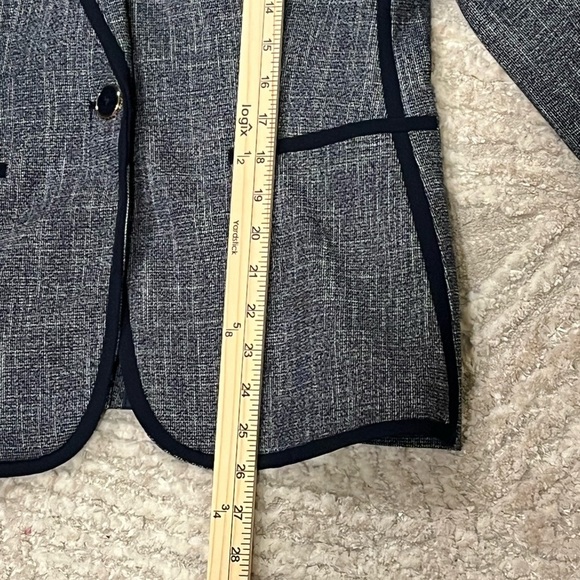 TOMMY HILFIGER Womens 10 Navy Blue Tweed Linen Look Jacket Blazer Lapel Logo Pin - Picture 11 of 16